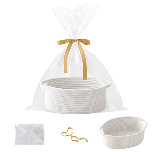 HZFTJOY Small Woven Rope Basket-Empty Gifts Basket with Bag and Ribbons,Cute Handle Organizer Box for Birthday/Baby Showe...