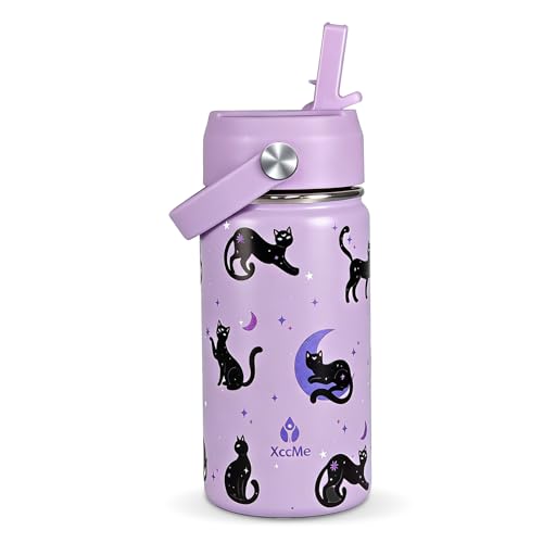 XccMe 14oz Cat Kids Water Bottle With Straw Lid,Stainless Steel Travel Bottle,Double Wall Leak Proof & BPA-FreeKids Cup,In...