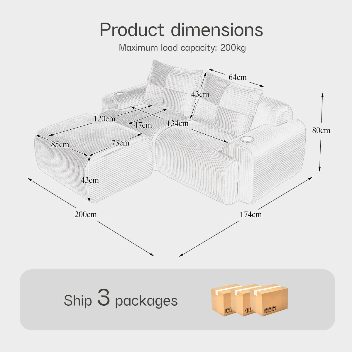 Modular 2-Seater Corduroy Sofa With Ottomans, Freely Configurable Sofa Set With Cup Holders And Side Storage Pockets, Ideal For Living Rooms, Family Rooms, And Other Spaces, Beige