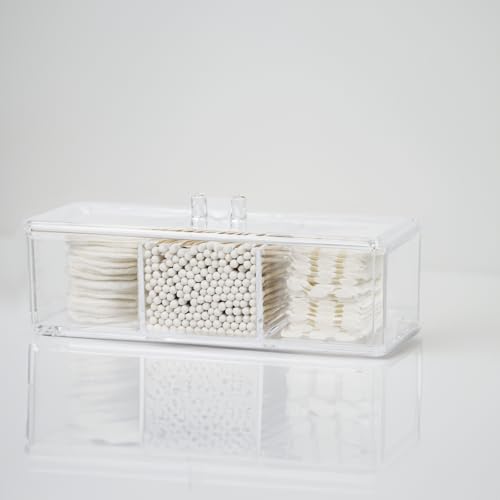 ZEXALOR Clear Bathroom Dresser Organizer - Cotton Ball Swab Holder with 3 Divided Compartments&Lid, , Waterproof Transpare...