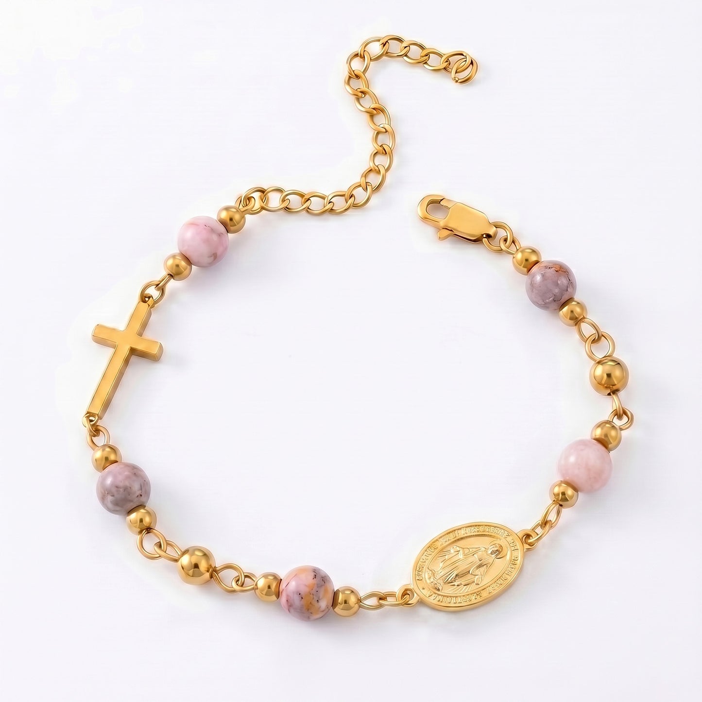 18K Gold Plated Stainless Steel Chain Bracelet For Women Natural Stone Beads Virgin Mary Miracle Medal Cross Bracelets Religious Catholic Jewelry Link Chain Gift