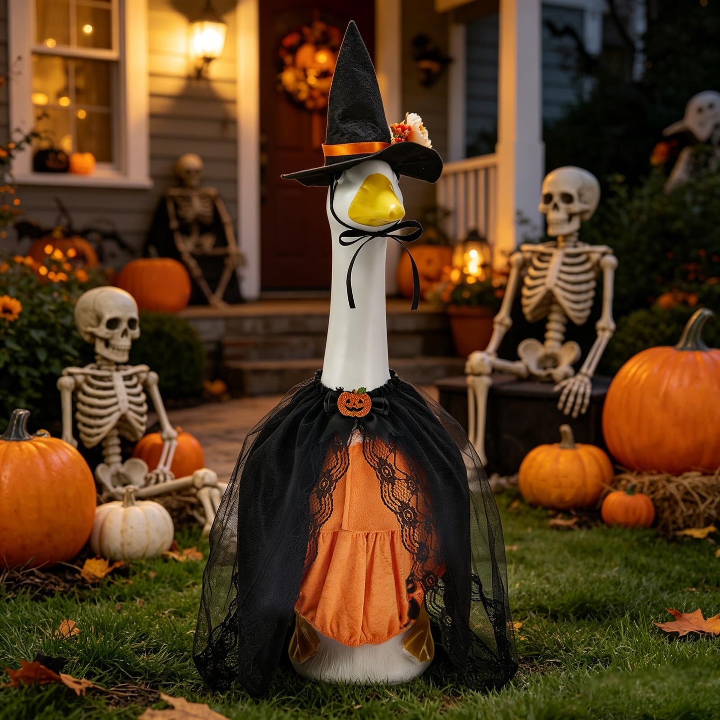 Halloween Porch Goose Outfits, Pumpkin Witch Black Cat Dress With Hat For 23'' Lawn Cement Plastic Goose Cute Porch Goose Outfit For Outdoor Garden Yard Decor