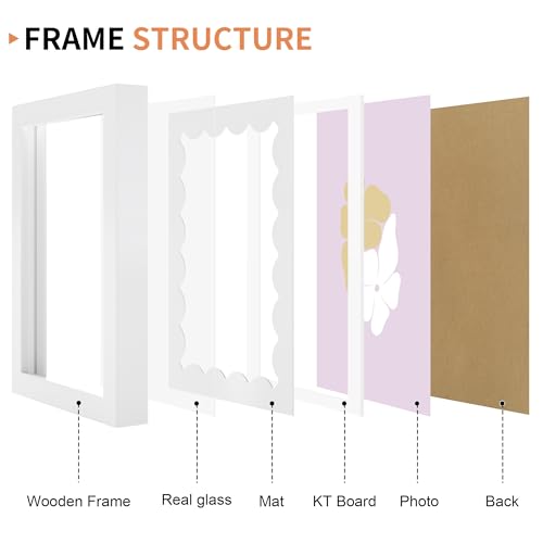 THKRLOF 5x7 Picture Frame with Real Glass, Wooden cute 5 x 7 Photo Frame with Wavy Mat for Tabletop and Wall Hanging, Whit...