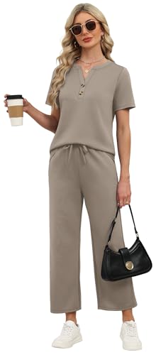 OFEEFAN 2 Piece Sets for Women Spring Fashion Beach Vacation Cruise Outfit Dressy Casual Wide Leg Crop Pants Resort Wear