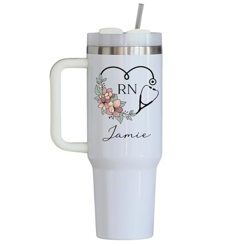 Personalized RN Registered Nurse 40oz Tumbler with Floral Stethoscope & Custom Name – Stainless Steel Insulated Travel Mug...