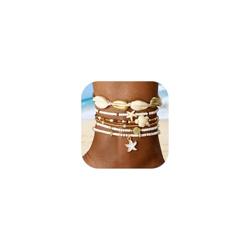 iF YOU Ankle Bracelet Set for Women, 14k Gold Waterproof Seashell Pearl Heart Starfish Conch Link Chain Anklets Set, Boho ...