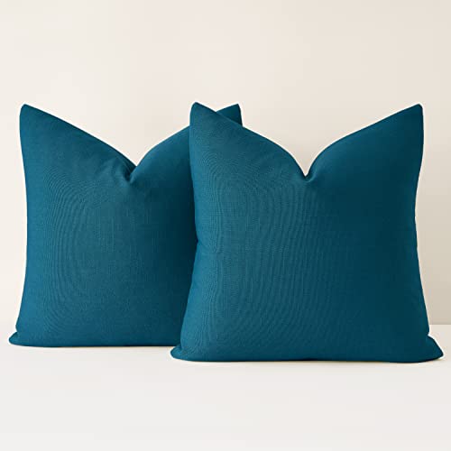 Mixhug Decorative Linen Throw Pillow Covers, Farmhouse Cushion Covers for Couch and Bed, Dark Teal, 24 x 24 Inches, Set of 2