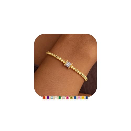 M MOOHAM Mothers Day Gifts - Birthstone Gold Beaded Bracelets for Women, Dainty Elastic 14k Real Gold Plated Beaded Bracel...