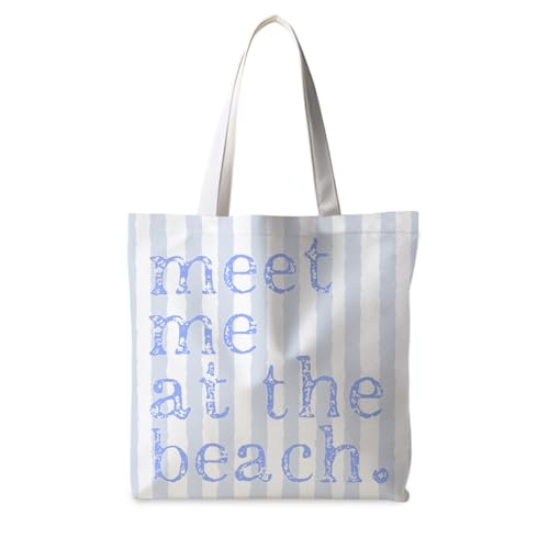 ignytiger Beach Tote Bag, Summer Canvas Striped Tote Bags for Women, Meet Me At The Beach Aesthetic Shopping Bag