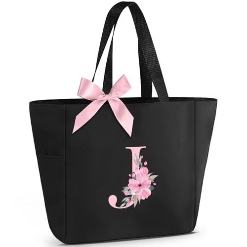Vavabox Tote Bag, A-Z Initial Monogrammed Waterproof Tote Bag, Bridesmaid Gifts for Women, Black and Pink