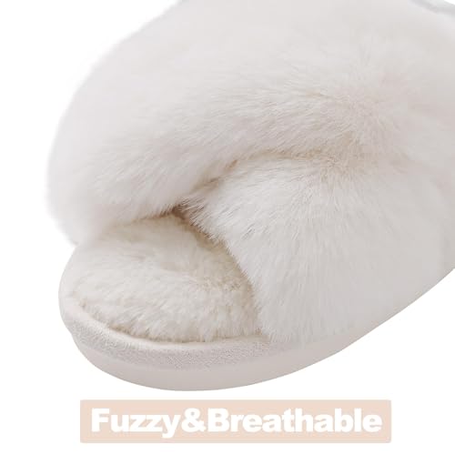 Evshine Women's Fuzzy Slippers Cross Band Memory Foam House Slippers Open Toe