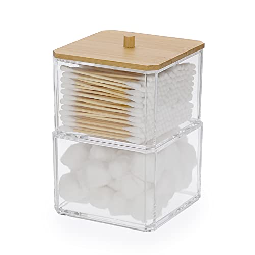 Hipiwe Clear Q-tip Dispenser Holder Acrylic Bathroom Containers 2-Tier Square Apothecary Jar with Lid Canister Cotton Swab...