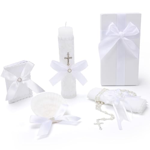 Baptism Candle Set for Boys and Girls,White 5 PCS Baptism Kit Catholic Candle,Baptismal Towel,Shell,Rosary,Bible for Bapti...