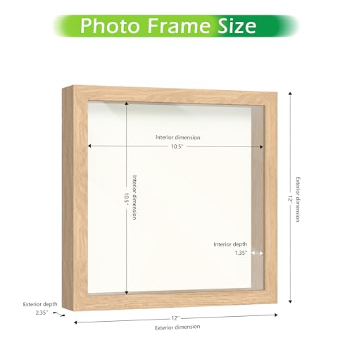 FrameWorks 11” x 11” Natural Oak Wooden Shadow Box Frame – Display Case with Soft Felt Back, Memory Box with Tempered Glas...