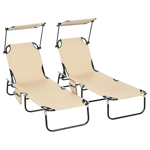 Outsunny Folding Chaise Lounge Pool Lounge Chairs Set of 2, Outdoor Sun Tanning Chairs with Canopy Shade, Reclining Back, ...