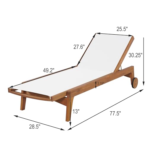 Merax Outdoor Reclining Chaise Lounge, Acacia Wood & Breathable Mesh, Adjustable Sun Lounger for Patio, Poolside & Garden ...