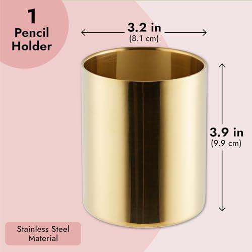 Juvale Desk Organizer Pen & Pencil Holder - 3.2 x 3.9 in, Gold Stainless Steel - Desk Supply Organizer with Gold Pen Cup, ...