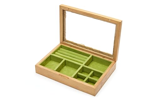pandapark Wooden Jewelry Box with Glass Lid, Multi-Compartment Storage Display Case, Walnut Brown (Green Cherry)