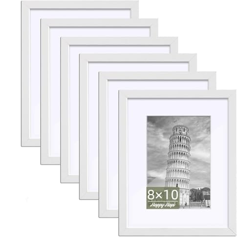 HappyHapi 8x10 Picture Frame Set of 6, 8x10 White Picture Frame Display Pictures 5x7 with Mat or 8x10 Without Mat. Wall Ha...