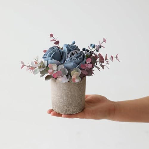 Rosscer Small Artificial 2pcs Burnt Blue Rose Potted Plant, 6" Fake Silk Flowers in 3" Cylindrical Pot, Mini Faux Floral A...