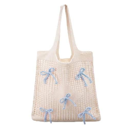 Clysee Crochet Tote Bag for Women Coquette Knit Beach Bag with Bows Preppy Woven Bag Boho Mesh Handbag for Summer Vacation