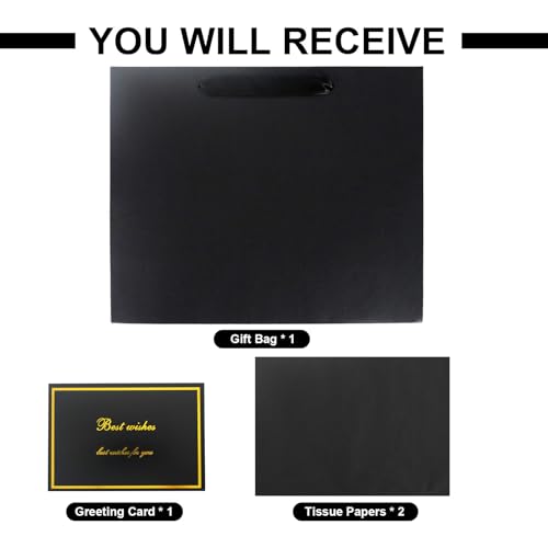 Elegant Black Gift Bag 11.8"x4.5"x9.8" with Ribbon Handles, Includes Card and Tissue Papers, Perfect for Birthdays, Weddin...