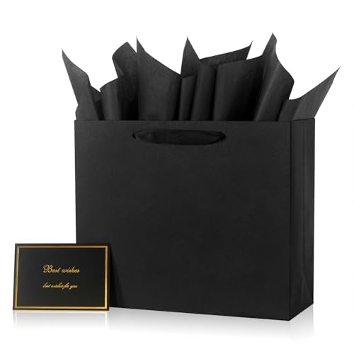 Elegant Black Gift Bag 11.8"x4.5"x9.8" with Ribbon Handles, Includes Card and Tissue Papers, Perfect for Birthdays, Weddin...
