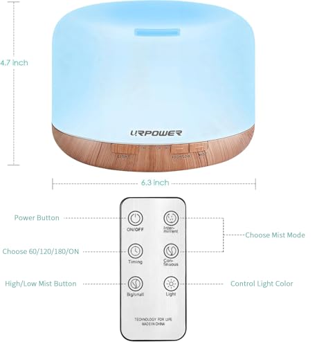 URPOWER 500ml Aromatherapy Essential Oil Diffuser Humidifier Room Decor Lighting with 4 Timer Settings, 7 LED Color Changi...