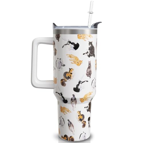 qoepfnsh 40 oz Cat Tumbler with Handle and Straw, Stainless Steel Vacuum Insulated Travel Coffee Mug Cup Water Bottle, Cat...