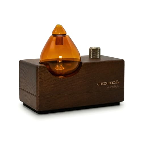 Amber Premium Glass Essential Oil Diffuser with Handmade Wood Base for Aromatherapy, Retro Waterless Scent Diffuser with C...