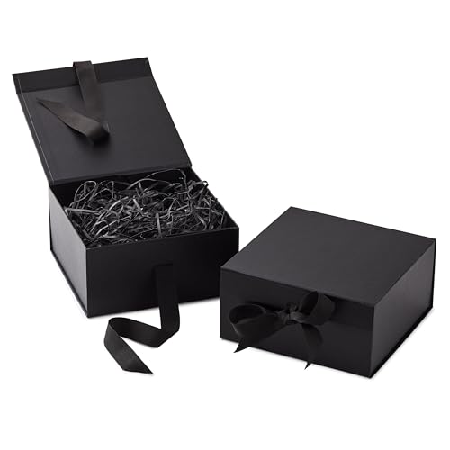 Hallmark Medium Gift Boxes with Bow and Shredded Paper Fill, Pack of 2 (Black 8 inch Box) for Weddings, Graduations, Birth...