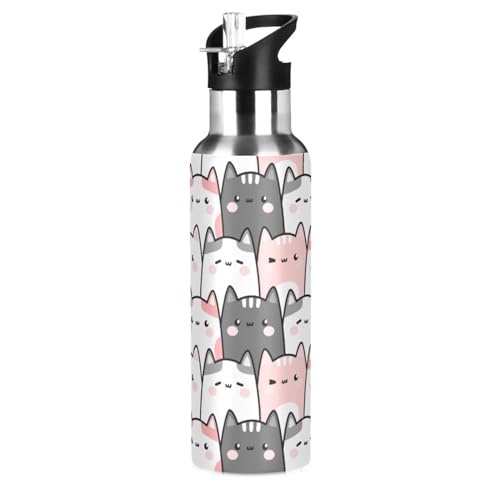 Cute Cats Kittens Water Bottle Kids Insulated Girls Boys Stainless Steel Hot Cold Water Flask with Straw Lid for Sports Gy...