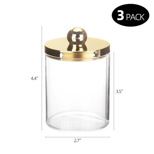 Tbestmax 10oz Qtips Holder - Plastic Apothecary Jar with Gold Lids for Cotton Swab, Cotton Round Pads, Floss - Gold