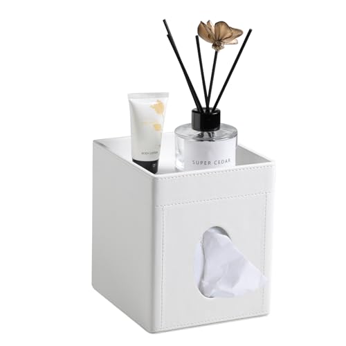 Cretkhp Tissue Box Cover, PU Leather Square Tissue Box Holder with Storage Tray for Bathroom Vanity Countertop Night Stand...
