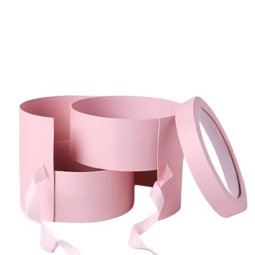 BBJ WRAPS Pink Flower Round Box with Lid for Floral Arrangements, Double Layers Rotating Drawer Flower Bouquet Paper Gift ...