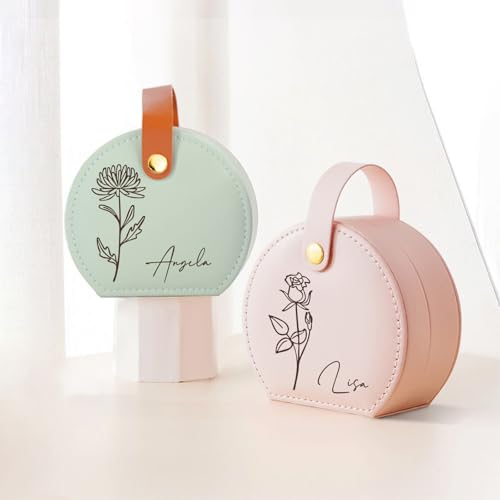 Krythos Personalized Birth Flower Jewelry Box with Name - Custom Travel Case, Birthday Gift for Her, Women, Mom - Pink