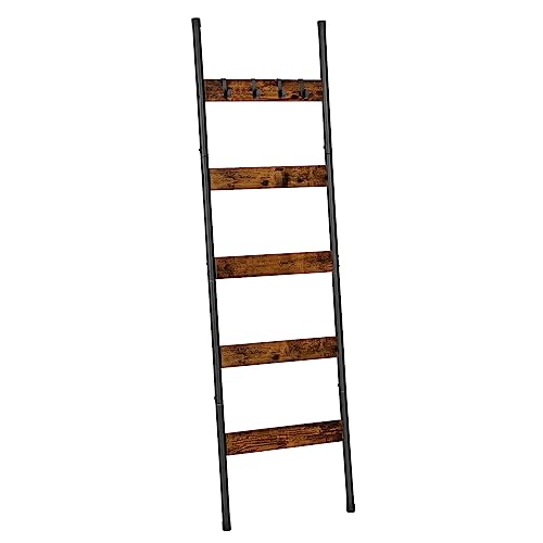 HOOBRO Blanket Ladder, 5-Tier Towel Rack with Hooks, Wall-Leaning Blanket Rack, Decorative Display Ladder Shelf, for Scarv...