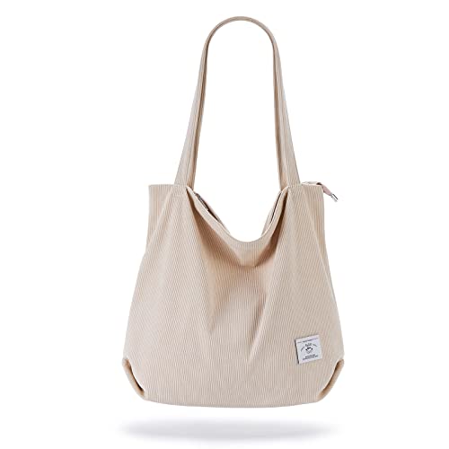 KALIDI Women Corduroy Tote Bag Zipper Casual Tote's Handbag Big Capacity Shoulder Bag with Pockets