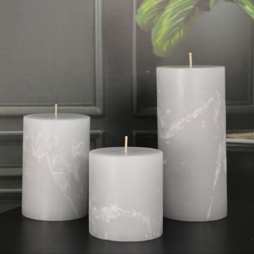 Simply Soson Grey Rustic Texture Pillar Candles 3x3 inch - Set of 3 - Unscented Decorative Grey Candles, No Drip, Ideal fo...