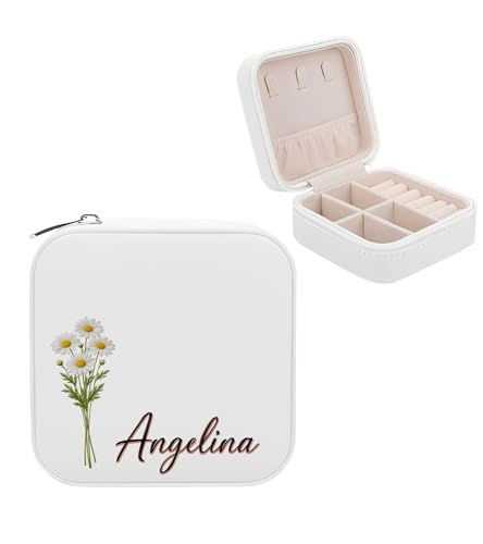 Personalized Birth Flower Jewelry Box for Women, Custom Name Leather Travel Jewelry Organizer Case, Mothers Day Gift for M...