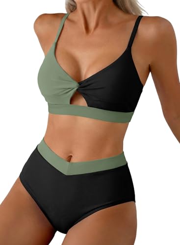 Herseas Women's Bikini Sets Twist Color Block Swimsuits 2 Piece High Waisted Bathing Suit Swim Suits 2026 Beach Wear