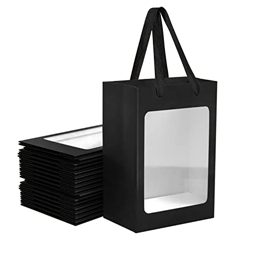 BallHull 12 Pcs Black Kraft Paper Gift Bags with Transparent Window, 9.84"x7.0"x5.12" Kraft Shopping Bags with Handles for...