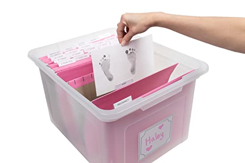 Kid's Craft Memory Keepsake Organizer Box - Clear Storage Latching Bin with Hanging File Folders and Custom Tab Inserts (P...