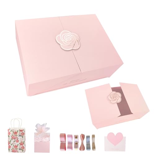 Elegant Small Pink Gift Box for Women with Lid & Accessories - Reusable Magnetic Closure Gift Presentation Set, Romantic a...