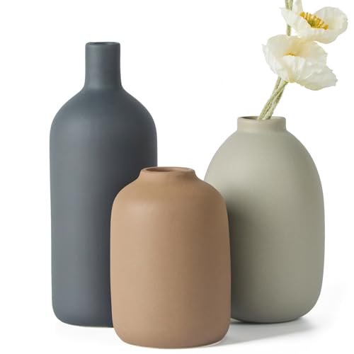 Joynisy Ceramic Vase Set of 3,Neutral Modern Vases for Bouquet Pampas Grass Dried Fresh Flowers,Rustic Home Decor for Livi...