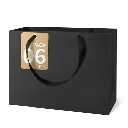 GEGIBOA Black Gift Bags With Handles 6 Pcs, 12.5x4.5x11 Inch Sturdy Kraft Paper Gift Bags, Bulk for Wedding, Party, Birthd...