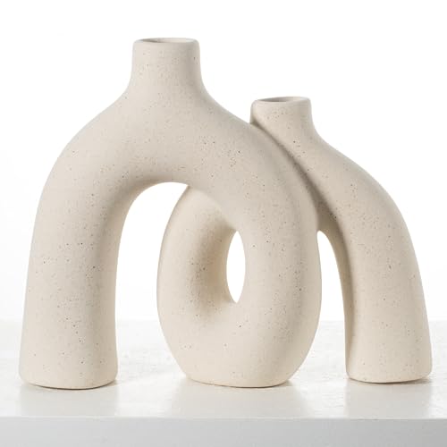 CEMABT Modern Nordic Boho Vase Set - Elegant Beige Matte Ceramic Home Decor for Living Room, Bookshelf, Mantel, Entryway T...