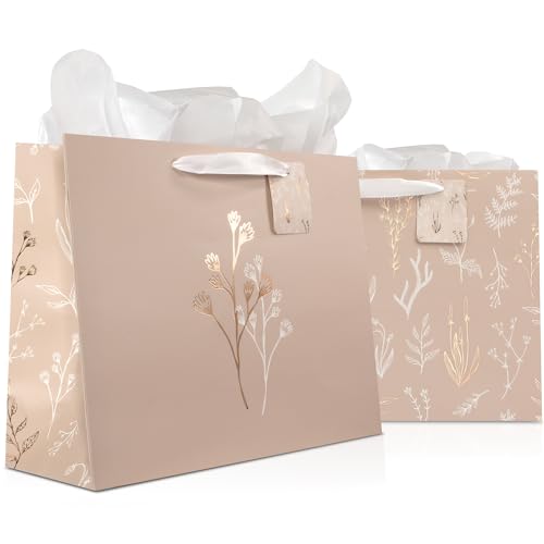 Beautiful Gift Bags Set of 2 - Large 13" Bags with Handles incl. Matching Tissue Paper, Cards & Stickers - Reusable and Pe...