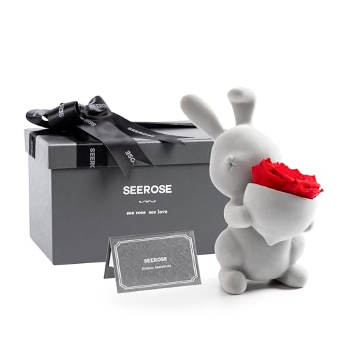 SEEROSE Preserved Rose with Cute Rabbit, Forever Real Rose Last for Years, Romantic Flower Gift for Her, Wife, Girlfriend,...