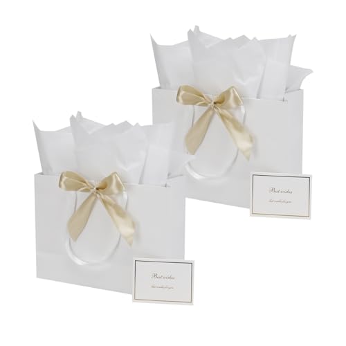Papertide 2 Pack 13x5x10 Inch Large White Gift Bag Set with Tissue Paper, Greeting Card & Ribbon, Big Gift Wrapping Kits f...